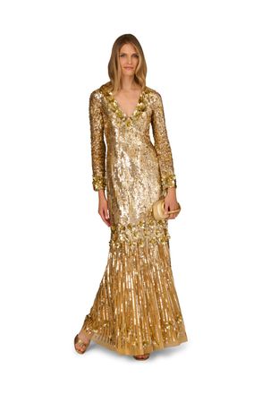 Adrianna Papell Womens Aidan Beaded Mesh Long Dress - Gold - Size 8 UK