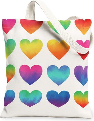 Generic Colorful Hearts Canvas Tote Bags, Love Pattern Reusable Grocery Bags, Spring Chic Lightweight Washable Shoulder Strap for T, Colorful, 13x15 Inch