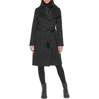 Karl Lagerfeld Asymmetric Wool Blend Coat with Removable Faux Shearling Bib in Black at Nordstrom Rack, Size X-Small