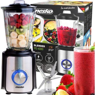 Adler Europe Mesko Ms 4080 Batidora De Vaso, Jarra Cristal 1,5 Litros, 1000w, 2 Velocidades + Pulso 6 Cuchillas Acero Inox 1200w Negro/plata
