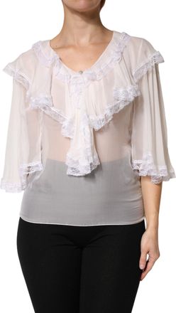 Dolce & Gabbana Womens White Longsleeve Lace Trim Ruffled Blouse Top Nylon Silk Viscose