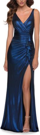 La Femme Gorgeous Metallic Jersey Gown with Ruffle Detail in Navy at Nordstrom, Size 12