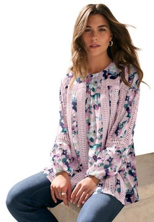 Roaman's Lace-Trim Blouson-Sleeve Top in Soft Blush Watercolor at Nordstrom, Size 16