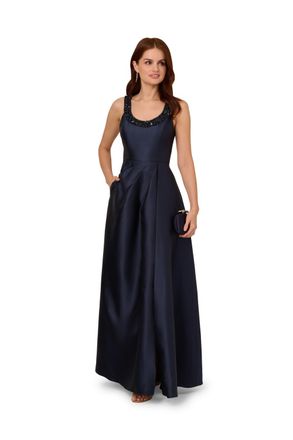 Adrianna Papell Womens Beaded Mikado Gown - Blue - Size 10 UK