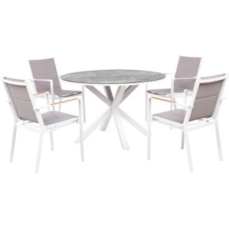 Beliani Set da pranzo 4 posti composto da tavolo in alluminio con piano in vetro ceramico grigio e sedie con cuscini grigi Maletto/Busseto