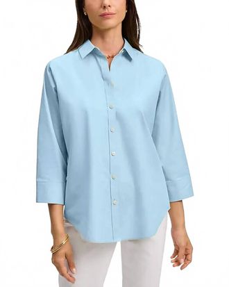 Foxcroft Margie Three Quarter Sleeve Pinpoint Oxford Shirt In Soft Aqua