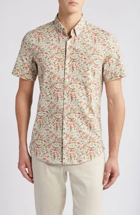 Nordstrom Trim Fit Floral Short Sleeve Stretch Cotton & Linen Button-Down Shirt in Grey Owl Floral Ditsy at Nordstrom, Size Large