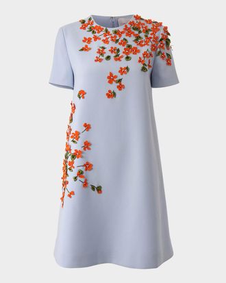Carolina Herrera Floral Applique Short-Sleeve Mini Dress