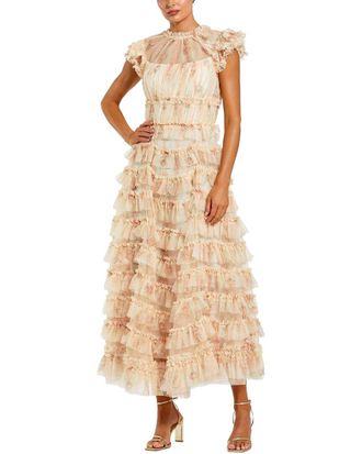 Mac Duggal Printed Mesh Short Sleeve Micro Ruffle Midi Dress