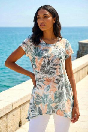 Roman Leaf Print Hanky Hem Tunic Top