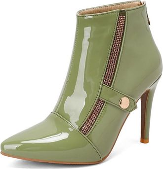 Generic Womens Pointed Toe Stiletto High Heel Ankle Boots Side Zipper Rhinestones Decor Elegant Winter Pumps Shoes (Green,5.5)