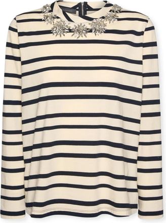 Elena Miro Gestreept T-shirt met bloemenborduursel - Dames - Longsleeves - Beige - XS - Katoen - Tops