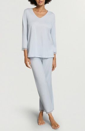 Hanro Inaya Tulle Trim Cotton Pajamas in Watery Blue at Nordstrom, Size X-Small