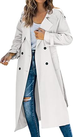 Generic Womens Long Trench Coats Open Front Casual Pockted Windproof Transitional Overcoat Lapel Lightweight Plus Long Sleeve Jacket White XXL