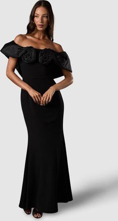 Coast Bardot Rose Detail Maxi Dress in Black at Nordstrom, Size 10