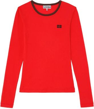 Ganni Trui met logodetail en ronde hals - Dames - Longsleeves - Rood - L - Tops
