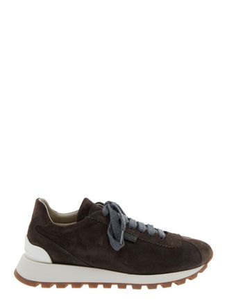 Brunello Cucinelli Brown Low Top Sneakers With Monil Detail On The Side And Embossed Logo Lettering On The Rear In Leather Woman