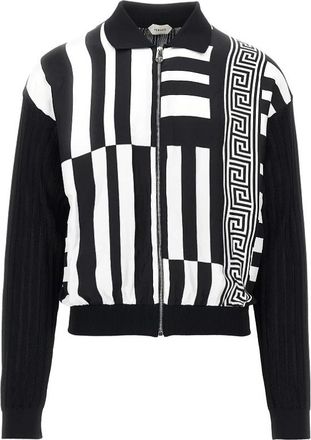 Versace Cardigan in maglia con zip e inserti in seta stampata - - Sweatshirts & Hoodies - Uomo - Nero - L