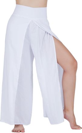 Lofbaz Slit Leg Palazzo Yoga Pants for Women Girls Maternity Summer Beach Pajama High Waisted Boho Harem Pants Womens Clothing Solid White L