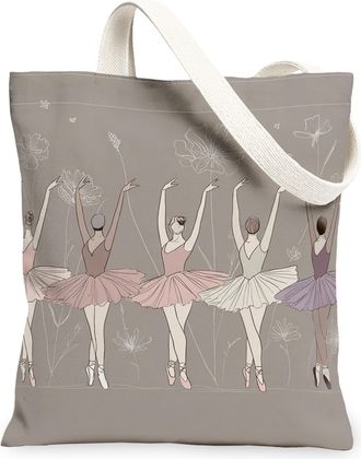 Generic Ballet Dancers Canvas Tote Bags, Floral Pattern Reusable Grocery Bags, Stylish Lightweight Washable Shoulder Strap Canvas F, Gray, 13x15 Inch