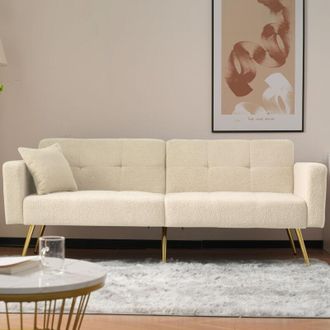 C&A Beige Sofa Bed with Bed Function,Adjustable Backrest,Gold Legs,Cushions,and Side Pockets