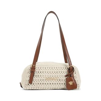 Versace Shoulder Bags, female, Beige, Size: ONE SIZE Tag Raffia Bowling Bag