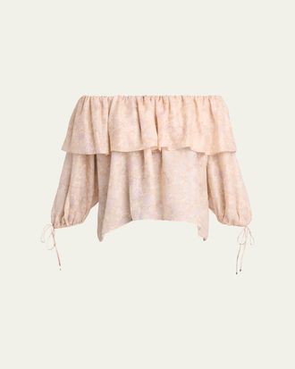 Chlo&eacute; Flower Print Off-The-Shoulder Silk Top
