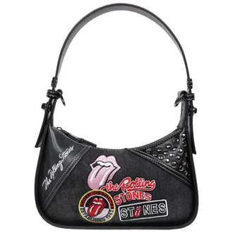 THE ROLLING STONES Patchwork Black Denim Small Shoulder Bag - Studded Detail, Embroidered Logos & Chain Strap