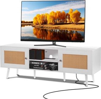 OEM Rattan-tv-st&auml;nder F&uuml;r 165 Cm Fernseher, Boho-tv-st&auml;nder Mit Rattant&uuml;r, Fernsehschrank Mit Eingebauter Steckdose Und Usb-anschl&uuml;ssen, Moderne Tv-konsol