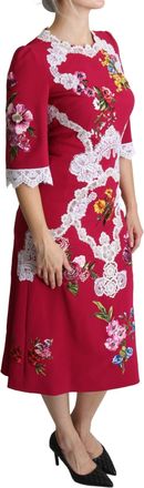 Dolce & Gabbana Womens Red Floral Embroidered Sheath Midi Dress Rayon Acetate Spandex
