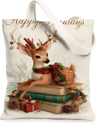 Generic Deer Holiday Canvas Tote Bags, Festive Animal Pattern Reusable Grocery Bags, Winter Rustic Washable Shoulder Strap for Outd, Beige, 13x15 Inch