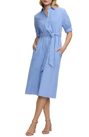 Foxcroft Esther Belted Stripe Cotton Shirtdress in Blue Multi at Nordstrom, Size X-Large P