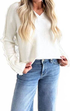 Elan V-Neck Fringe Arm Sweater In White