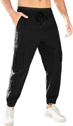 Generic Mens Cargo Trousers Casual Jogger Work Pants Regular Fit Drawstring Sports Sweatpants Bottoms with Pockets (S) Black