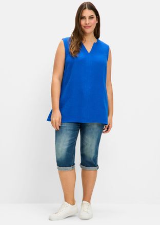 Sheego Blusentop SHEEGO, Damen, Gr. 40, blau (kobaltblau), 100% Baumwolle, unifarben, V-Ausschnitt, Blusen Blusentop