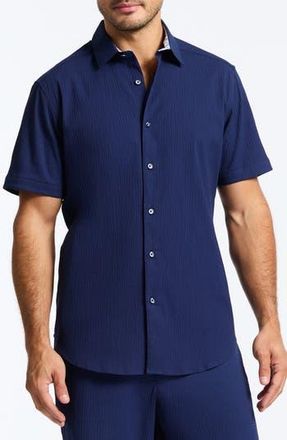 Robert Graham Thresher Classic Fit Solid Short Sleeve Cotton Seersucker Button-Up Shirt in Navy at Nordstrom Rack, Size 4X-Large