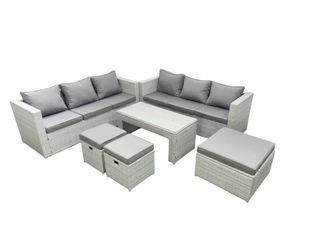 Fimous 9 Seater Garden Outdoor Rattan Furniture Set Rattan Garden Sofa Oblong Coffee Table with 3 Footstools Light Grey Mixed