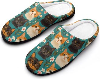 Generic Cat And Floral Womens Cotton Slipper Comfortable Cozy Plush Slippers Anti-Skid Indoor House Closed Toe Shoes