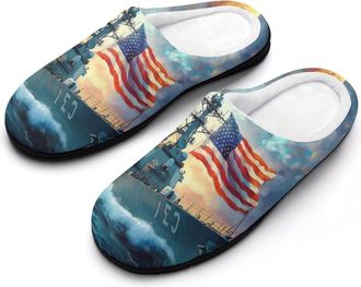 Generic U.S Flag Warship Navy Battleship Womens Slippers Warm House Slippers Indoor House Shoes with Anti-Skid Rubber Sole