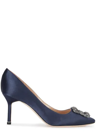 Manolo Blahnik Hangisi 75 Navy Silk Satin Pumps, Stilleto Pumps