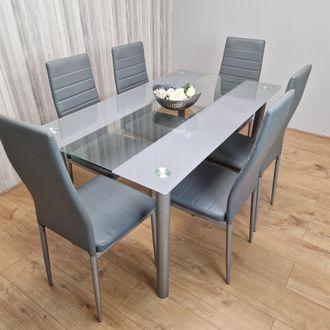 Kosy Koala Dining Table & 6 Chairs Modern Grey Glass Table With 6 Grey Velvet Chairs Dining Room Furniture in Brown