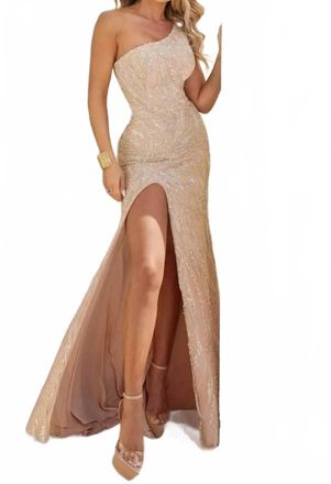 Terani Couture Beaded One-Shoulder Evening Dress In Blush