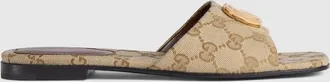 Gucci Womens Slide Sandal With Double G, Beige, GG Canvas