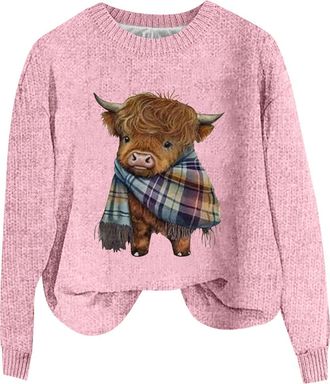Generic Ladies Sweatshirts Without Hood UK,Ladies Knitted Pullover Sweatshirt Cow Prints Long Sleeve Sweater Casual Warm Fall Tunic Tops Fashion Clothes Overs