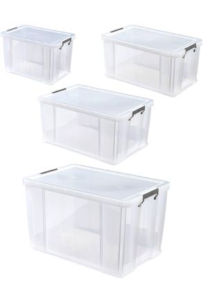 Whitefurze Set of 4 Allstore Storage Box with Lid & Silver Clamp - Clear