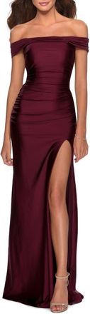 La Femme Off the Shoulder Dress with Tie Back and Slit in Dark Berry at Nordstrom, Size 16