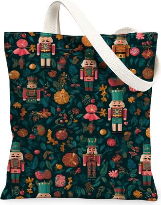 Generic Christmas Nutcracker Canvas Tote Bags, Festive Pattern Reusable Grocery Bags, Vintage Fun Lightweight Washable Shoulder Str, Green, 13x15 Inch