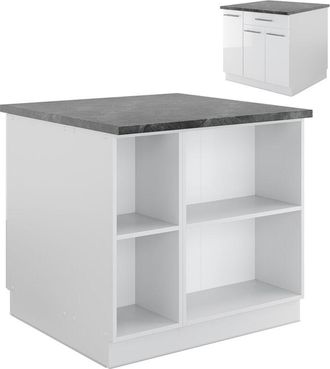 Vicco Isla de cocina Fame-Line, Blanco alto brillo/blanco, 90 cm con cajón, sin encimera
