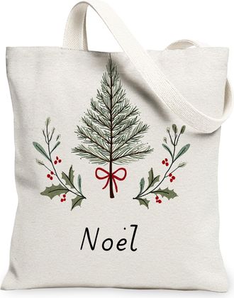Generic Christmas Tree Canvas Tote Bags, Holiday Floral Reusable Bags, Winter Vintage Lightweight Washable Shoulder Strap Canvas Fo, Cream, 13x15 Inch