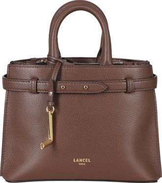 Lancel Structured Brown Grained Cowhide Leather Handbag With Decorative Belt Detail